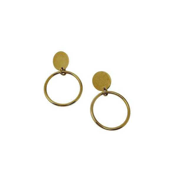 Gold Tone Dangle Hoop Earring Post Stud Backing Circle Fashion Statement - Picture 1 of 4